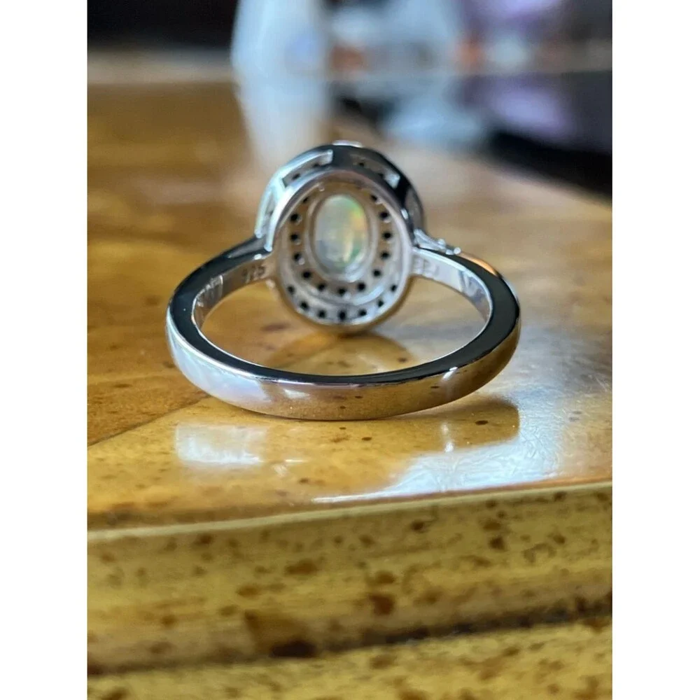 Natural Ethiopian Opal Black Spinel Sterling Silver Ring Size 6.75